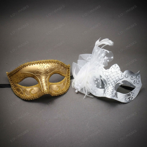 Elegant Glitter Scroll and Feather Flower Women Masquerade Eye Mask - Gold Silver White