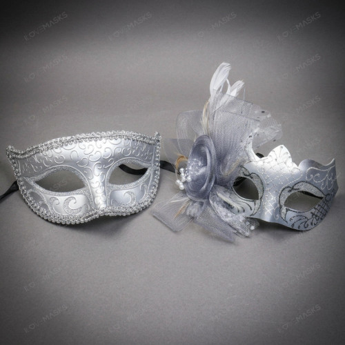 Ornate Venetian Scrollwork Feather Mesh Flower Women Eye Masquerade Mask - Silver
