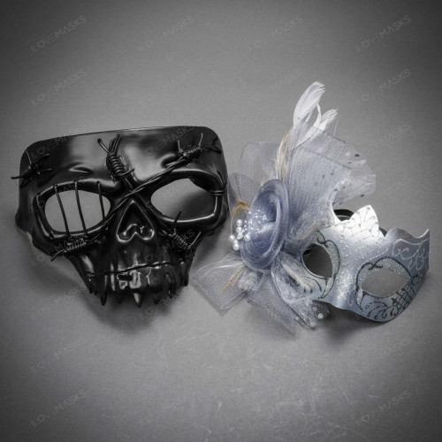 Gothic Barbed Wire Skull and Elegant Floral Side Feather Couples Mask - Black Silver