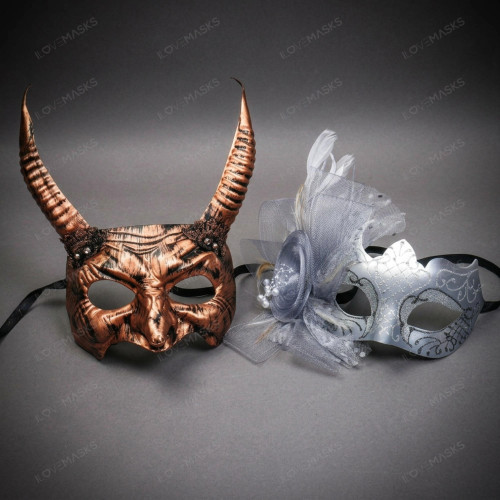 Rustic Horned Demon and Elegant Silver Flower Feather Couple Masquerade Masks - Copper Silver