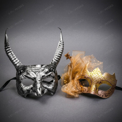 Horned Beast and Elegant Lace Feather Couples Masquerade Masks - Silver Gold
