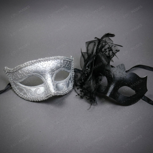 Venetian Glitter Scroll and Side Lace Flower Couples Masquerade Masks - Silver Black