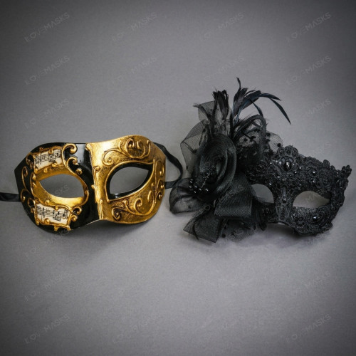 Venetian Musical Floral Lace Filigree Men Women Party Masquerade Eye Mask - Gold Black