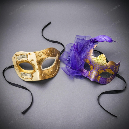 Classic Venetian Musical Scrollwork Purple Feather Women Masquerade Mask - Gold Purple