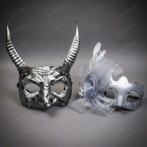 Mythical Horned Beast and Floral Feather Women Masquerade Venetian Mask - Silver Black
