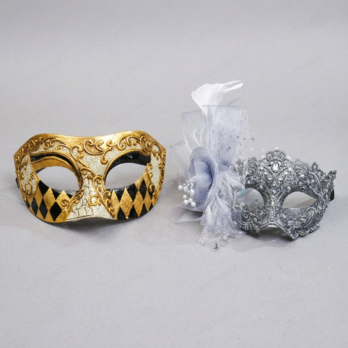 Venetian Harlequin and Silver Floral Lace Women Masquerade Eye Masks - Gold Silver