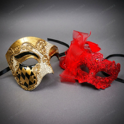 Elegant Harlequin Lace Feather Bow Filigree Couple Masquerade Eye Masks - Red Gold Black