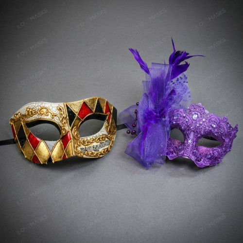 Venetian Harlequin Music Jester Diamond Lace Feather Men Women Masquerade Mask - Gold Purple