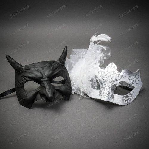 Devil Horned and Elegant Feathered Venetian Glitter Mens Womens Masquerade Masks - Black White