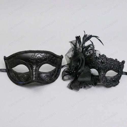 Elegant Lace Feather Flower Women and Scroll Men Venetian Masquerade Mask - Black