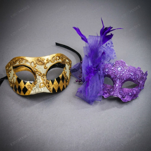 Elegant Venetian Harlequin and Purple Feather Women Masquerade Eye Masks - Gold Purple Black