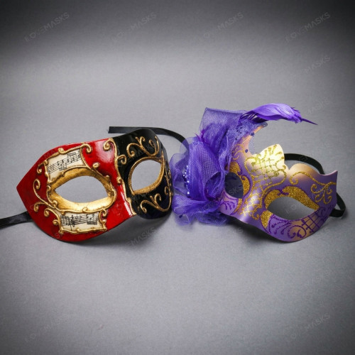 Venetian Musical Feather Art Men Women Masquerade Eyes Mask - Red Black Purple Gold
