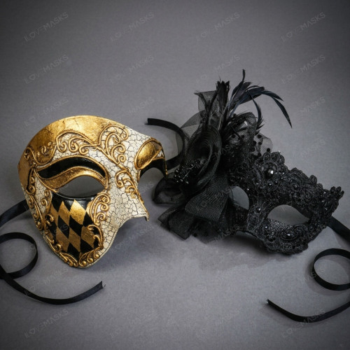 Venetian Phantom Harlequin and Black Lace Feathered Couples Masquerade Masks - Gold Black