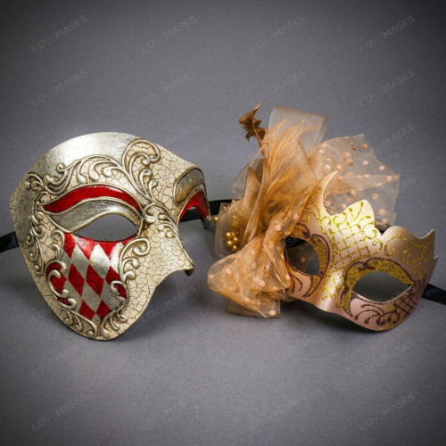 Antique Harlequin Diamond And Elegant Side Feather Couples Masquerade Mask - Red Gold
