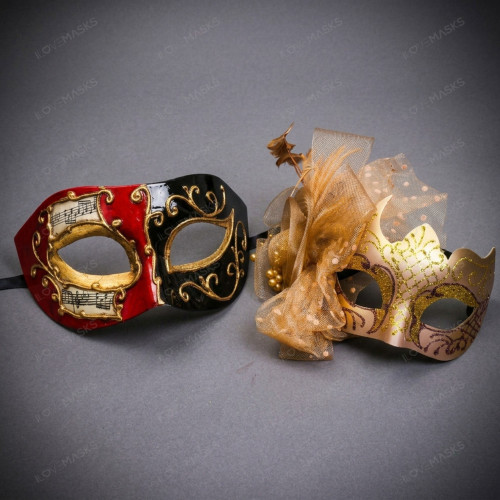 Elegant Venetian Music Note Floral Feather Women Masquerade Eye Mask - Red Gold Black