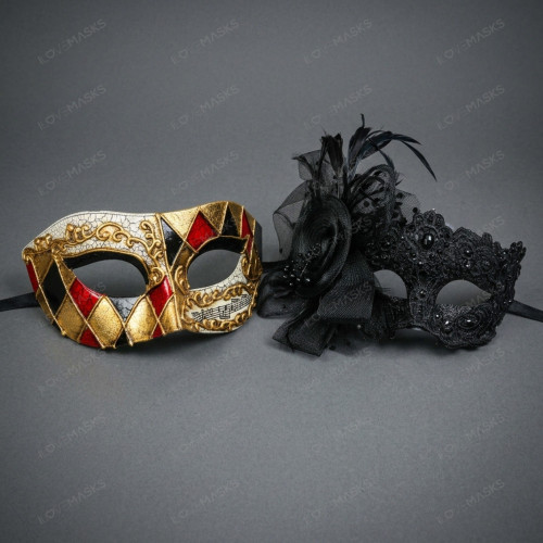 Venetian Harlequin Music Pattern Black Lace Flower Women Men Masquerade Mask - Gold Black Red