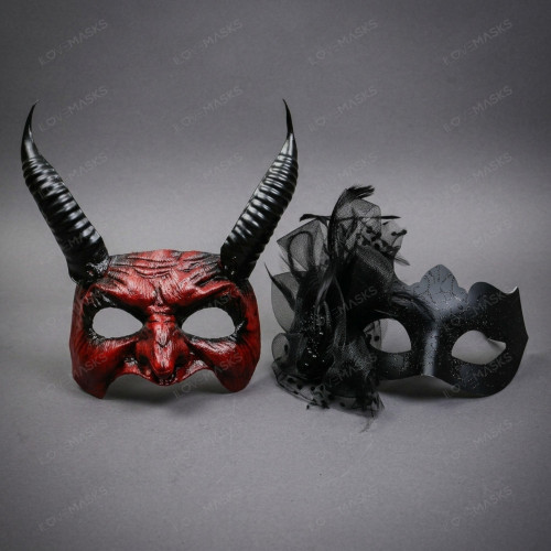 Large Horned Devil Demon And Elegant Side Feather Women Masquerade Mask - Red Black