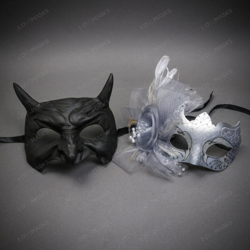 Gothic Horned Devil and Silver Feathered Flower Couples Masquerade Mask - Black Silver