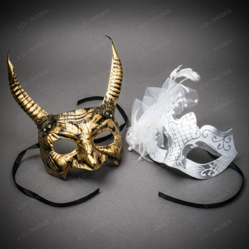 Mythical Horned Beast Men and White Lace Feather Women Venetian Masquerade Mask - Gold White