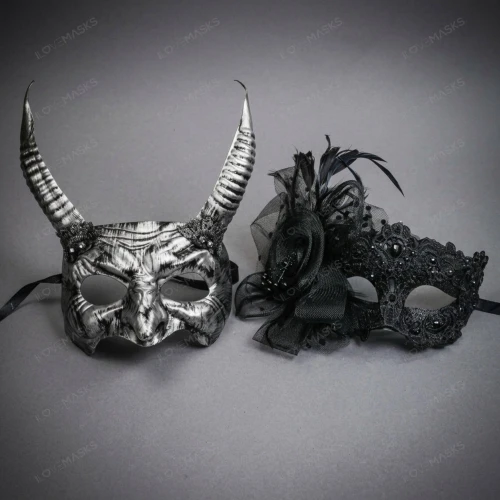 Horned Devil Beast Men and Elegant Lace Flower Women Masquerade Masks - Silver Black