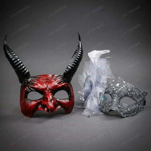 Horned Devil Demon and Silver Lace Feather Couples Masquerade Masks - Red Black Silver