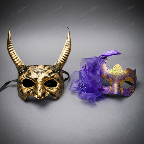 Couples Horned Beast and Purple Flower Feather Women Masquerade Mask - Gold Purple