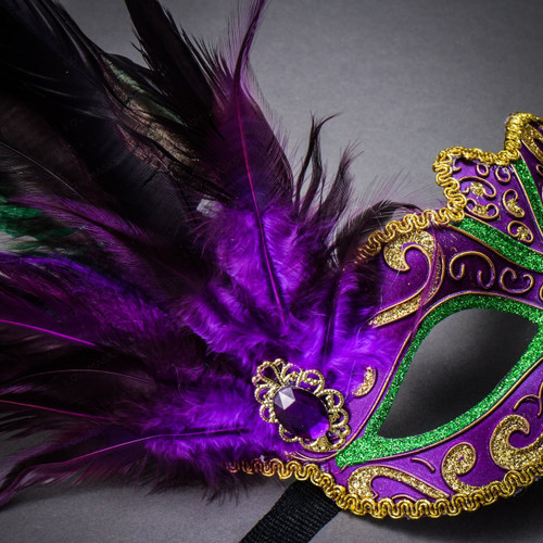 Venetian Glitter Crystal Mardi Gras Mask with Peacock Large Feather - Green  Yellow