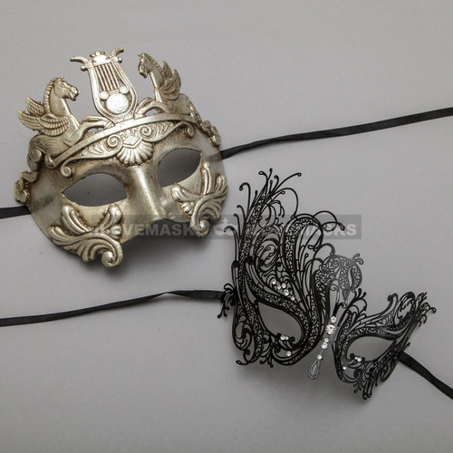 Silver Roman Greek Warrior Masquerade Mask & Black Silver Swan Princess Diamond Mask - Couple