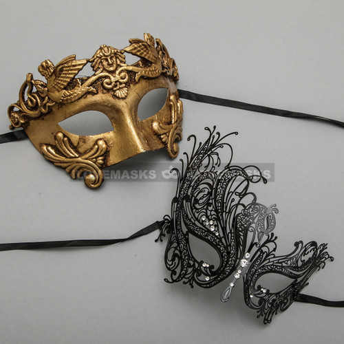 Gold Roman Greek Warrior Masquerade Mask & Black Silver Swan Princess Diamond Mask - Couple