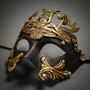 Roman Greek Emperor with Pegasus Horses and Rhinestone Venetian Mask - Black Dark Gold