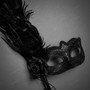 Venetian Side Feather Black Rose Women Sexy Eye Mask with Tassel HandHeld Stick - Black