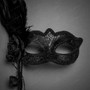 Venetian Side Feather Black Rose Women Sexy Eye Mask with Tassel HandHeld Stick - Black