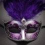 Venetian Glitter Crystal Masquerade Party Mask with Feather - Silver Purple