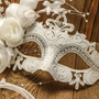 Elegant Venetian Laser Cut Metal Lace Flower Silver Rhinestone Wedding Mask - White