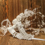 Elegant Venetian Laser Cut Metal Lace Flower Silver Rhinestone Wedding Mask - White