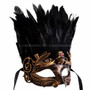 Halloween Skull Eye Mask with Black Feather - Black Gold  02