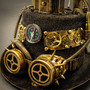 Steampunk Mad Scientist Time Traveler Top Hat with Light - Antique Gold  (Goggles View)