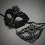 Couple's Masquerade Masks - Black Venetian Roman Sun Warrior  & Royal Queen Laser Cut Venetian Mask