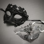 Couple's Masquerade Masks - Black Venetian Rome Greek Warrior & Silver Royal Queen Laser Cut Mask