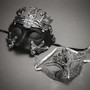 Couple's Masquerade Masks - Black Silver Roman Horse Warrior & Silver Royal Queen Laser Cut Mask