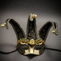 Jester Joker Venetian Half Face Mask with Bells - Gold Black