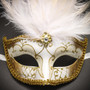 Venetian Glitter Crystal Masquerade Party Mask with Feather - White Gold