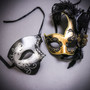 Black Silver Glitter Full Face Phantom Of The Opera & Gold Black Side Feather Glitter Couple Masks Set