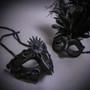 Black Roman Greek Emperor & Black Mardi Gras Eye Mask with Top Feather Couple Masks Set