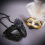 Black Roman Greek Emperor & Gold Mardi Gras Eye Mask with Top White Feather Couple Masks Set