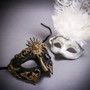 Black Gold Roman Greek Emperor & Silver Mardi Gras Eye Mask with Top White Feather Couple Masks Set