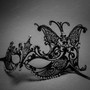 Butterfly Laser Cut Metal Venetian Masquerade Silver Rhinestone Mask - Black