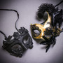 Black Roman Warrior Metallic & Gold Black Side Feather Glitter Couple Masks Set
