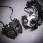 Black Roman Warrior Metallic & Silver Black Side Feather Glitter Couple Masks Set