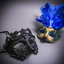 Black Roman Warrior Metallic & Gold Mardi Gras Eye Mask with Top Blue Feather Couple Masks Set